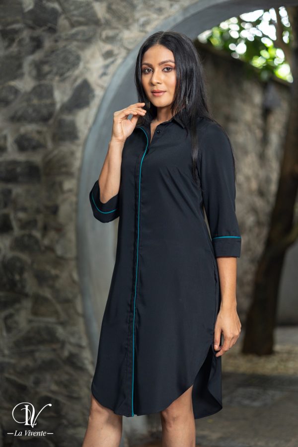 Curved Hem Shirt Dress With Contrast Piping - Image 3