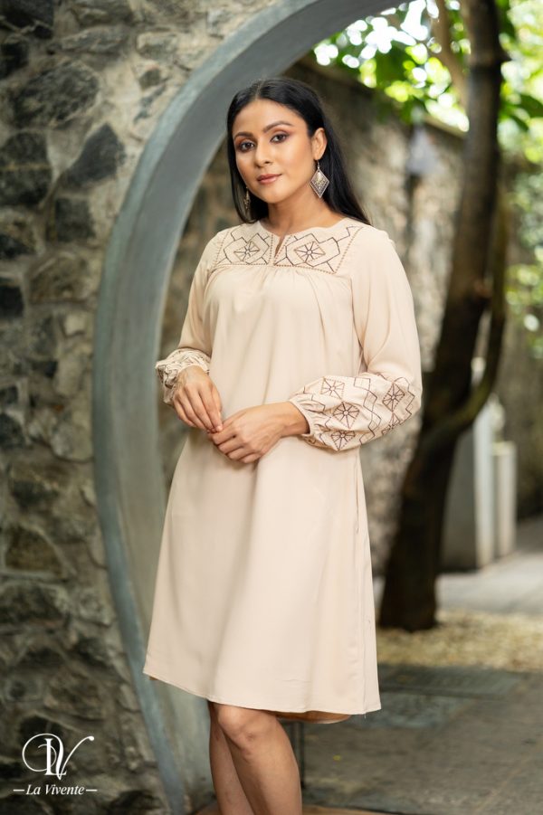 Geometric Embroidered Long Sleeve Short Dress - Image 3