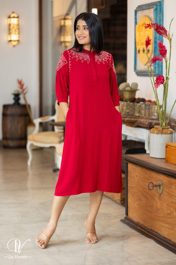 Chinese Collared Embroidered Midi Dress - Image 4