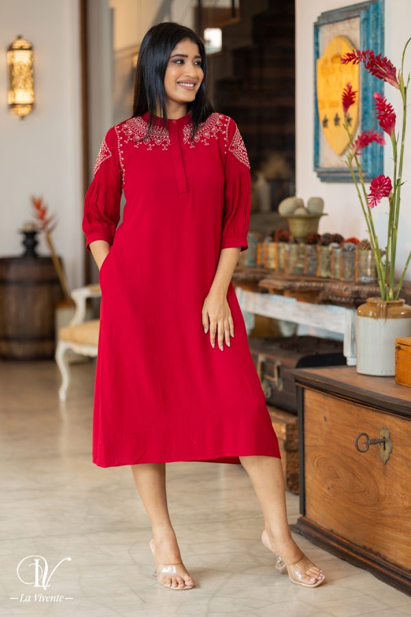 Chinese Collared Embroidered Midi Dress