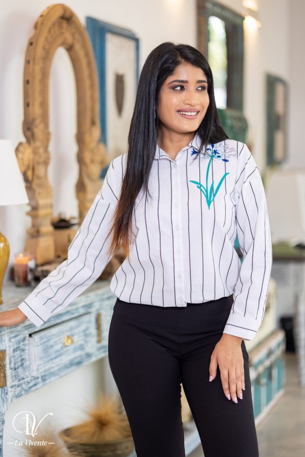 Striped Embroidery Shirt Blouse - Image 3