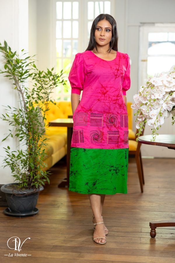 Two-Tone Embroidered Batik Midi Dress