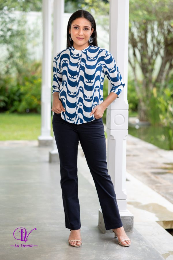 Abstract Patterned Chinese-Collared Shirt Blouse - Image 4
