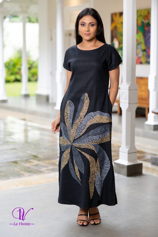 Short Sleeve Printed Black Dress