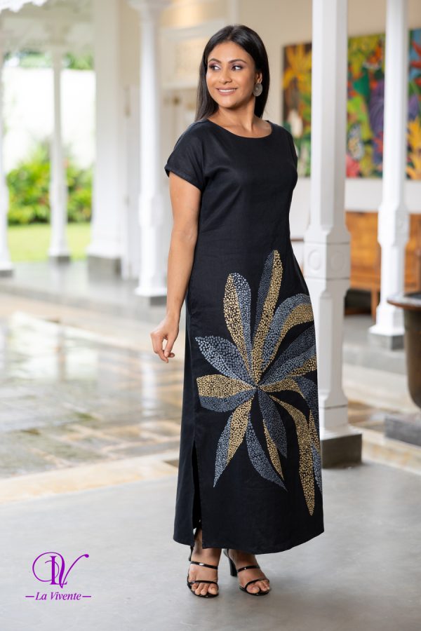 Short Sleeve Printed Black Dress - Image 3
