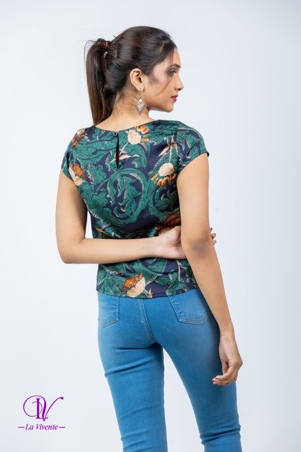 Abstract Patterned Round Neck Cap Sleeved Top - Image 4