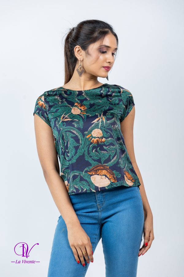 Abstract Patterned Round Neck Cap Sleeved Top - Image 3