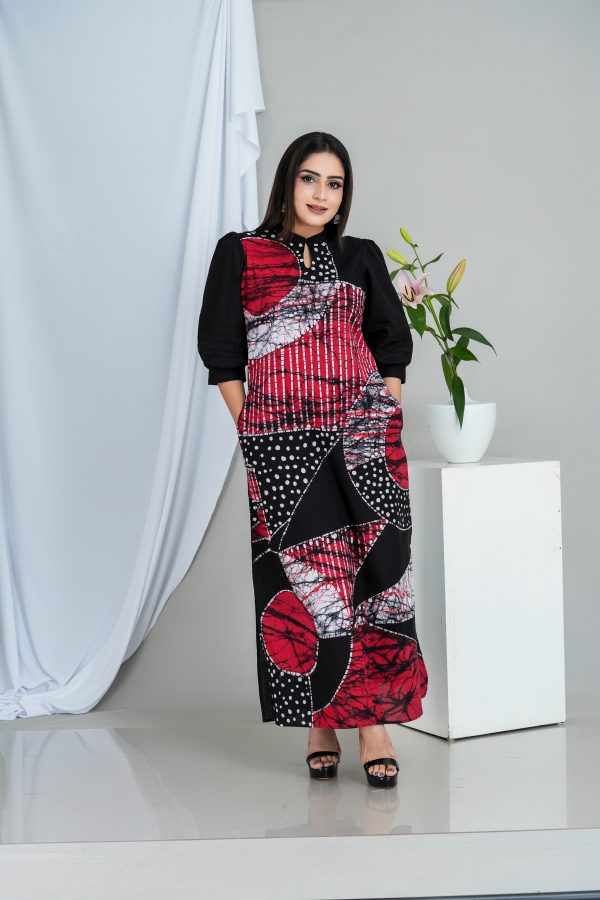Abstract Printed Puff Sleeved Batik Maxi Dress