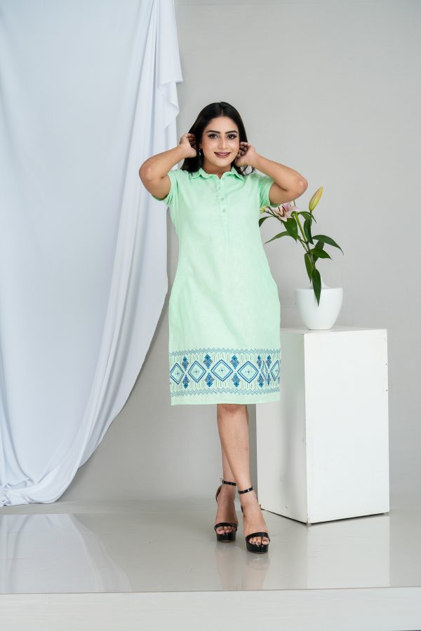 Geometric Embroidered Shirt Collared Short Dress - Image 4