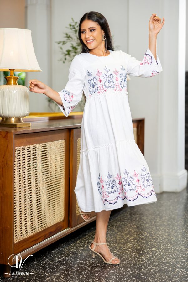 Geometric Floral Embroidered Tiered Midi Dress