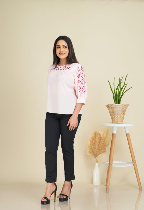 Floral Embroidered Yoke Detailed Blouse Top - Image 4
