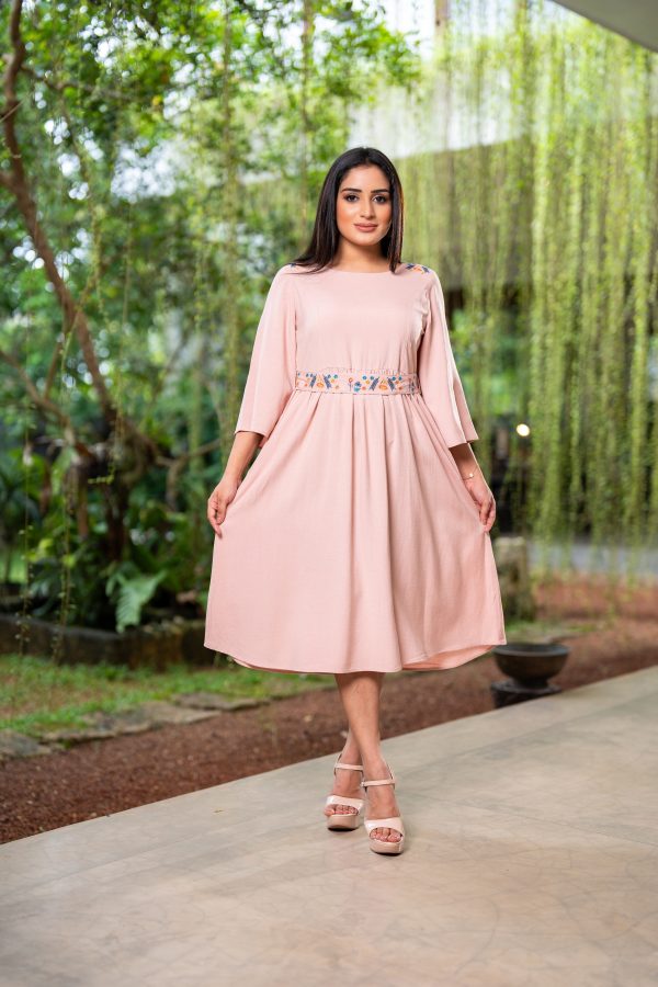 Embroidered Deep Back Neck Midi Dress