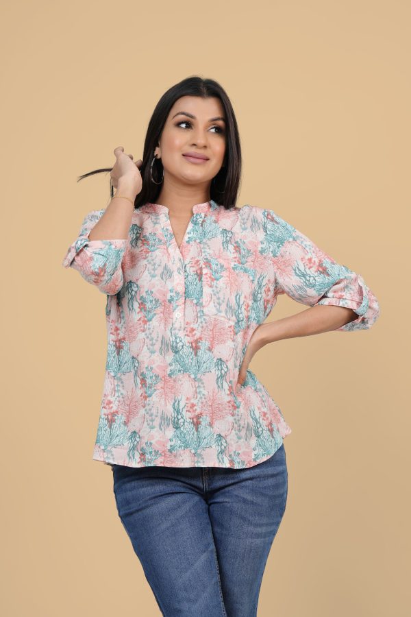 Patterned Tab Detail Sleeve Shirt Blouse