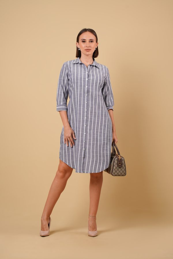 Stripe Shirt Collar Short Dress - Image 3