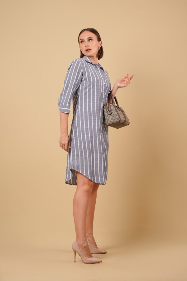 Stripe Shirt Collar Short Dress - Image 6