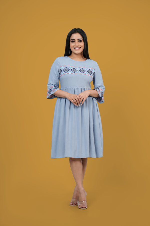 Baby Blue Embroidery Detail Short Dress - Image 4
