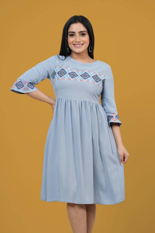 Baby Blue Embroidery Detail Short Dress - Image 3