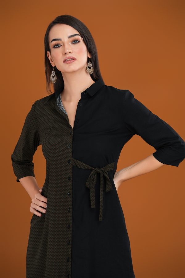 Two-Tone Tie-Up Shirt Dress